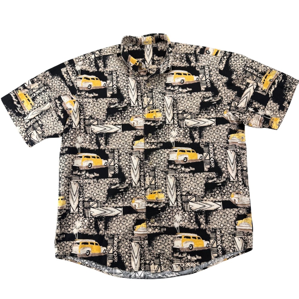 Vintage Woody Station Wagon Car Print Button Down Shirt Mens XL Black Yellow